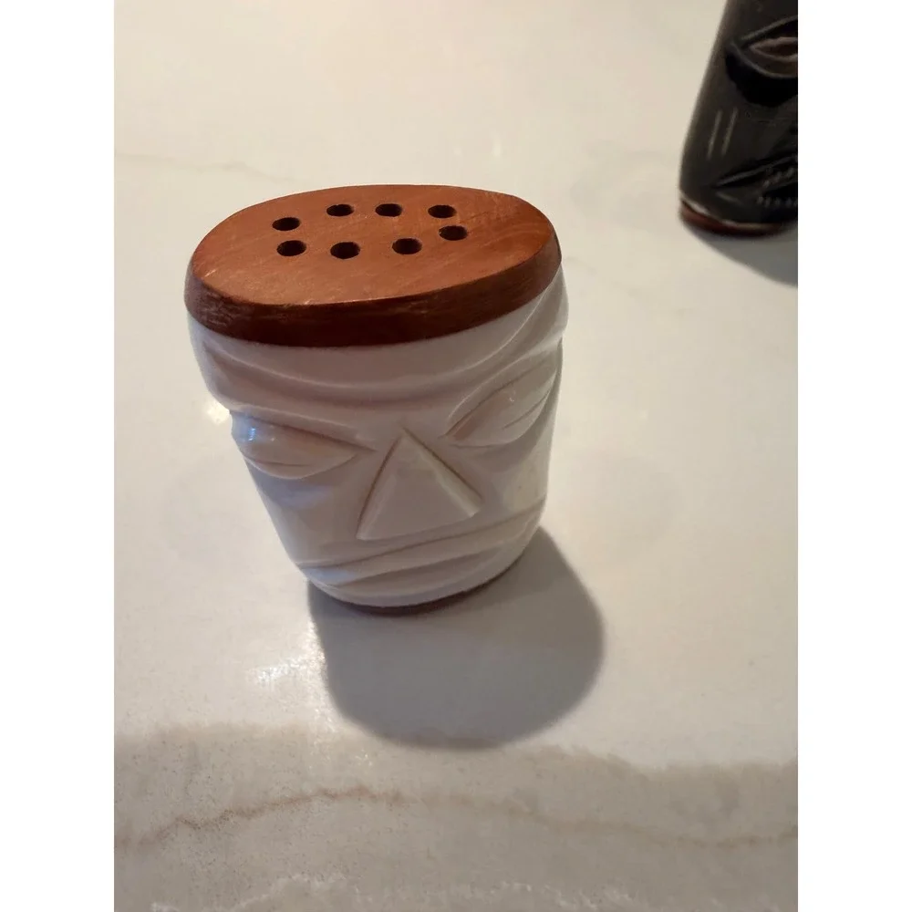 Tiki Face Salt and Pepper Shakers Brown White Hand Carved Wood Tropical Beach